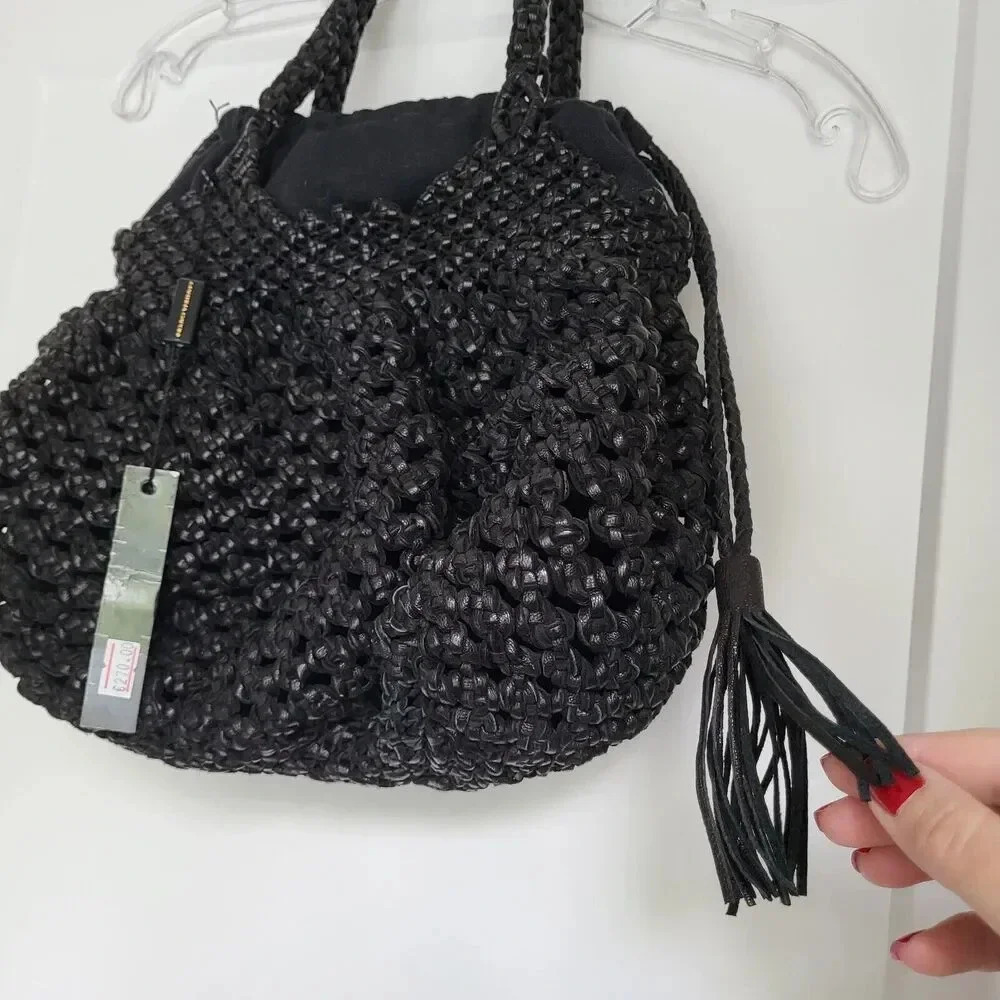 NWT $297 Martina Caponi Braided 2Way Hand Bag/Leather W Linen Black NEW … - Picture 10 of 13